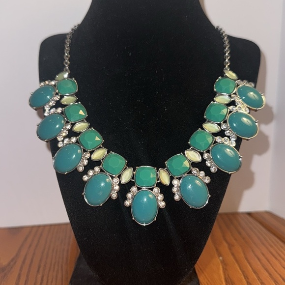 Lia Sophia Vintage Faux Green Turquoise Rhinstone Statement Necklace Estate find - Picture 2 of 14